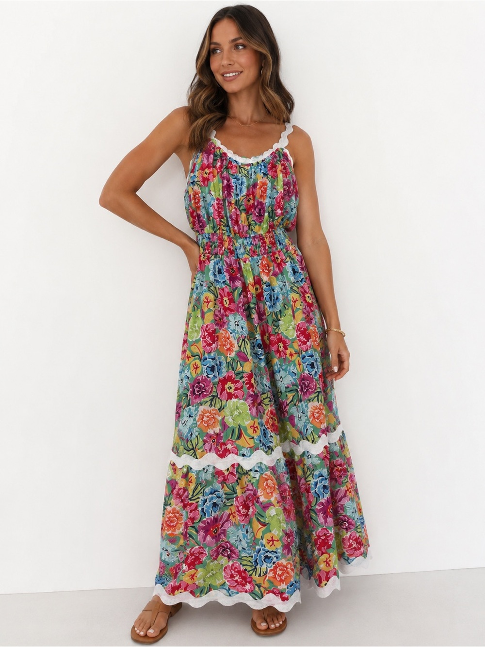 Grace Karin Bright Floral Maxi Dress with White Lace Trim